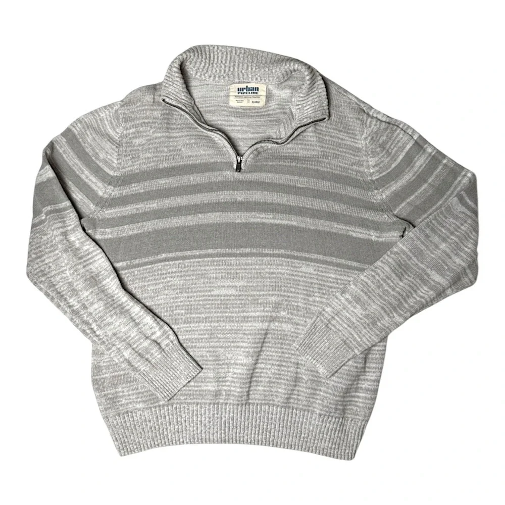 Urban Pipeline Mens 1/4 Zip Striped Old Money Sweater Size XL Gray Preppy Layers